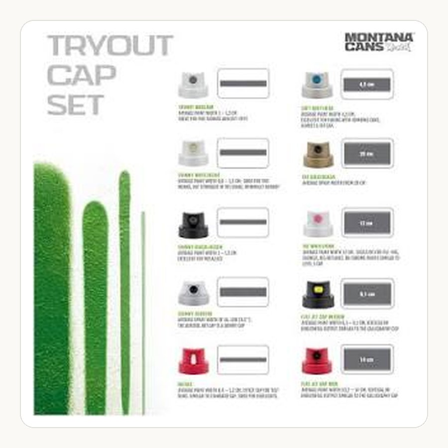Set d'essai de caps Montana avec la largeur de trait de chaque cap